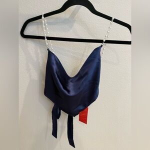 NWT Cider Navy Satin Pearl Strap Backless Tie Top
